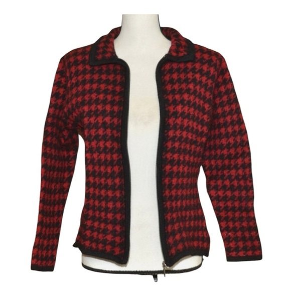 Paul Harris Design Wool Red Houndstooth Zip Cardigan Sweater Small Cottagecore - Picture 7 of 10